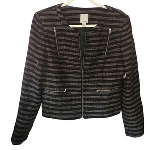 Halogen Nordstrom Black White Striped Zip Career Moto Blazer Jacket NWT Medium